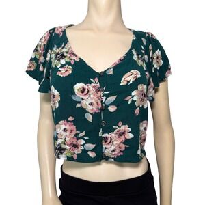 Xhilaration Womens Floral Button Front Crop Top Green Pink Size L Short Sleeve
